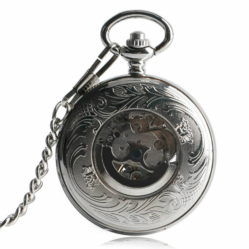 Estilo vintage relógio de bolso mecânico, Caso oco, Movimento automático, Fob prata lisa, Presente Cadeia esqueleto