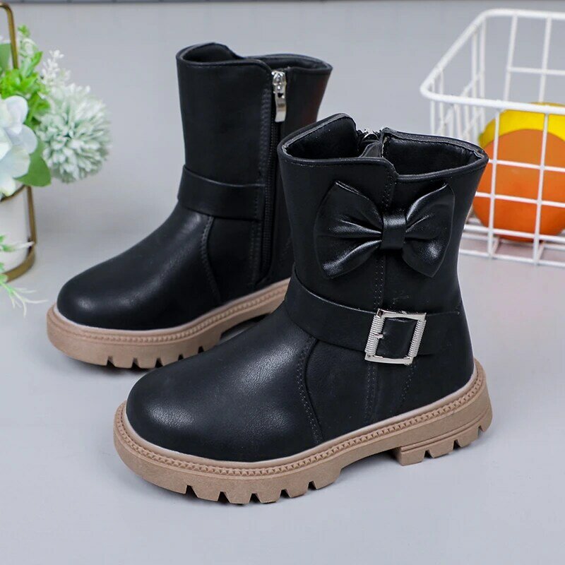 2023 Girls Boots Bow Kids Fashion Buckle Cool Solid Color Toddler Girls Shoes Children Casual Boots Versatile Spring New Simple