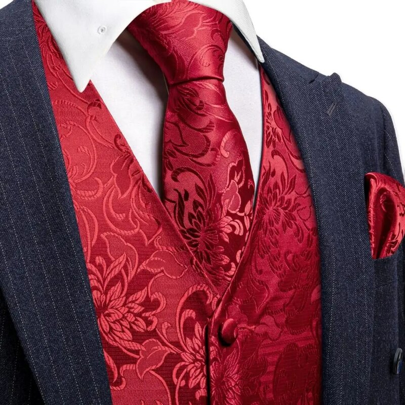 Luksusowa kamizelka męska wiosna ślub jedwabny czerwony bordowy szczupła kamizelka krawat chusteczki spinki do mankietów męski garnitur bezrękawnik Barry Wang