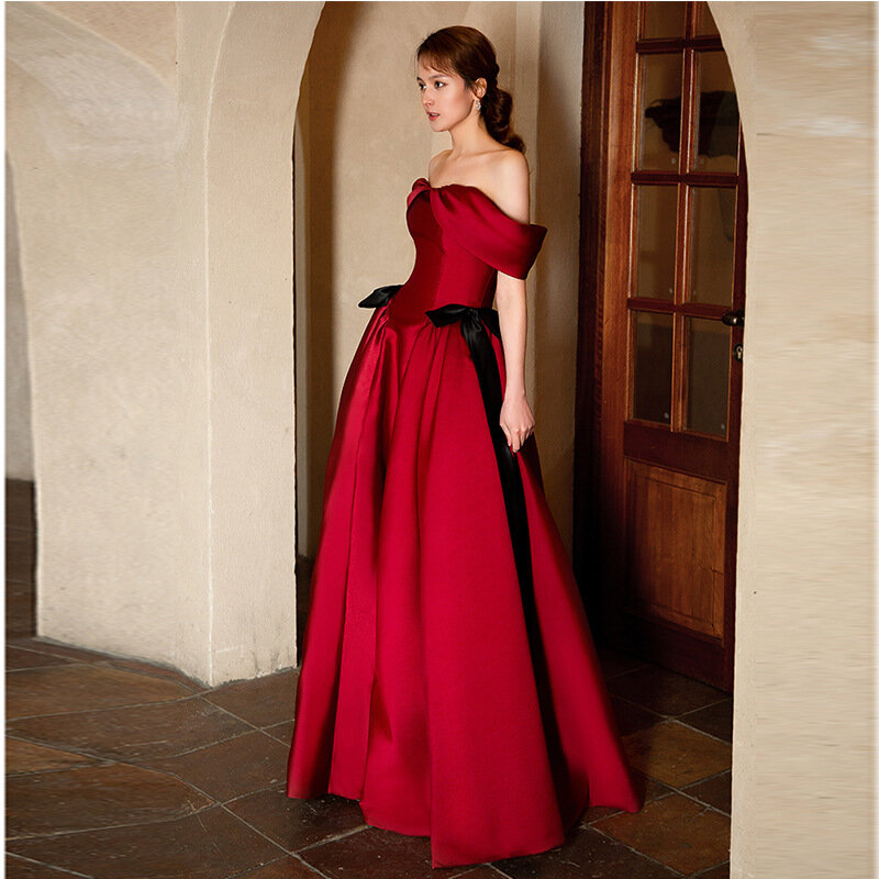 Women Burgundy Off Shoulder Prom Dresses Satin Elegant Long A-line Party Gowns Formal Dress