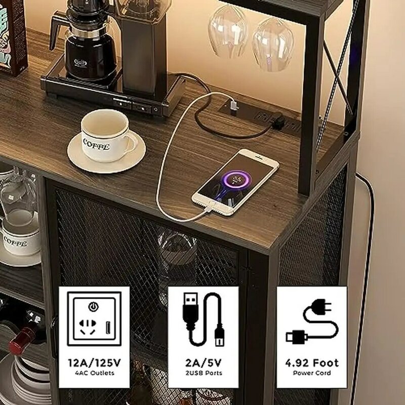 خزانة بار نبيذ LED RGB مع منفذ طاقة ، خزانة خمور منزلية ، آلة قهوة وصانع ثلج ، أرفف ومخزن قابلة للتعديل
