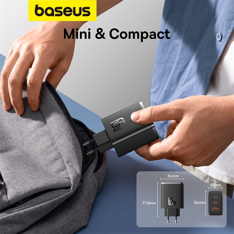 Зарядное устройство Baseus GaN 65 Вт, USB-зарядное устройство PD Charge Type C, поддержка PD QC PPS, портативное быстрое зарядное устройство для iPhone 15 14 13, зарядное устройство для ноутбука
