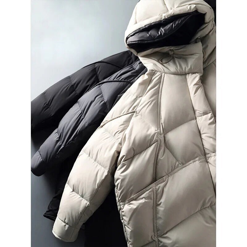 Women 90% Down Jacket White Duck Hoodies Medium-length Soft Warm Winter Light As Clouds Cocoon Type Double-sided Heterochromatic