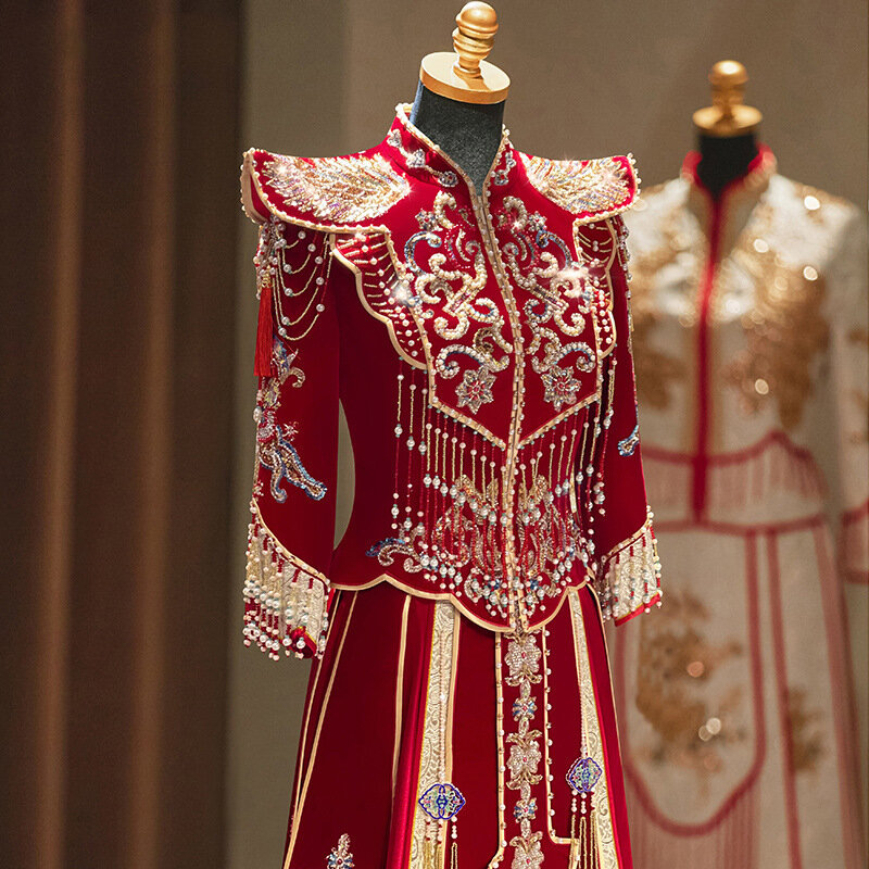 Women Red Velour Embroidery Chinese Traditional Dress Wedding Bride Handwork Beaded Vintage Cheongsam китайская одежда