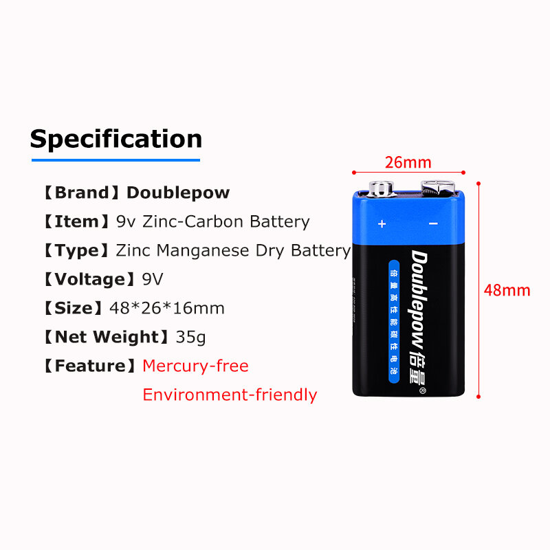 Batería seca para multímetro, pila desechable 6F22, 9V, 2 piezas