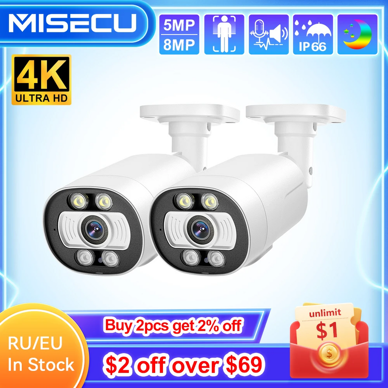MISECU Ultra HD 8MP 4K Ngoài Trời PoE IP AI Thông Minh H.265 2 Chiều Chống Nước Tầm Nhìn Ban Đêm Tại Nhà video Camera Giám Sát