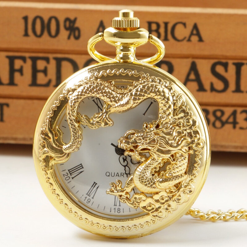 Kalung Naga Emas mewah jam tangan saku liontin gaya Tiongkok jimat keberuntungan hadiah maskot perdamaian untuk wanita pria reloj de bolsillo