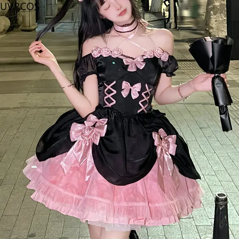 Japońska sukienka Gothic Lolita kobiety Kawaii kokarda niedźwiedź koronka różowa czarna z odkrytymi ramionami księżniczka sukienki dziewczyny słodkie kostium na Halloween