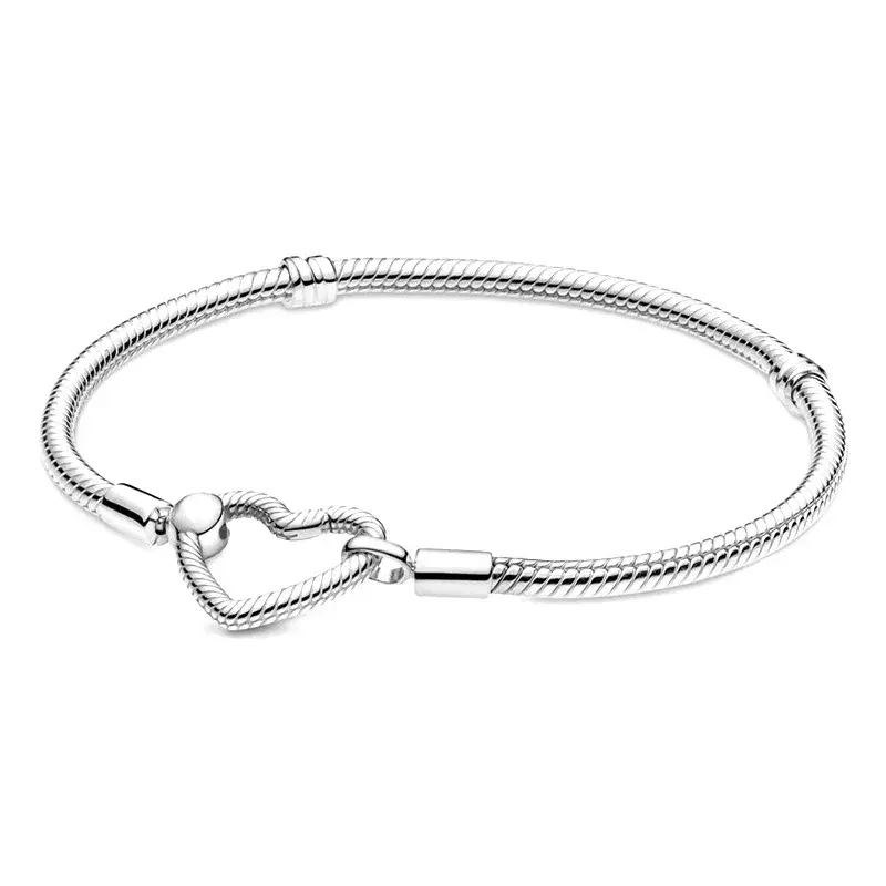 2021 New Valentine's Day 100% 925 Sterling Silver Moments Heart Closure Snake Chain Bracelet Fit DIY Original Charm Jewelry Gift