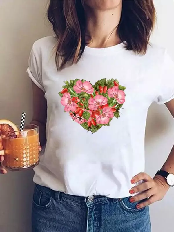 Casual T Shirt kwiat miłość serce Trend z lat 90. Moda ubrania z krótkim rękawem damska letnia koszulka damska