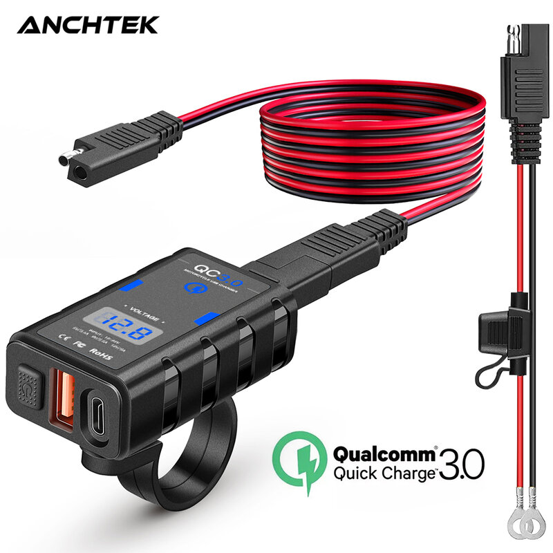 Anchtek-Carregador USB à prova d'água com voltímetro, QC3.0, Tipo C, Carregador para motocicleta, Adaptador de alimentação, 6.4A, 12V