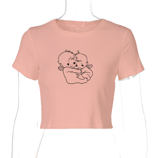 T-shirt manches courtes col rond femme, streetwear, vintage, doux, bébé, Y2K