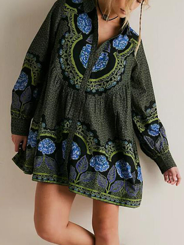 Robe chemise à manches longues pour femme, col rabattu, imprimé floral boutonné, mini robe d'automne