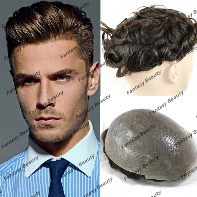 Natural Hairline 0.08mm Vlooped PU Base Men Toupee Super Durable Undetectable Man Human Hairpieces System Prosthesis Capillary