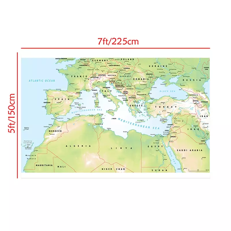 Mapa del Mar Mediterráneo, pintura topográfica no tejida, Póster Artístico de pared, suministros escolares, decoración del aula, 225x150cm