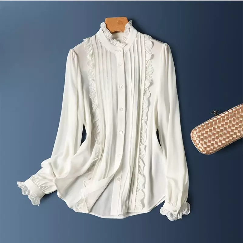 Szyfonowa koszula damska Wiosna/Lato Solidne bluzki Vintage Luźne długie rękawy Top damski O-neck Ruffles Odzież modowa YCMYUNYAN