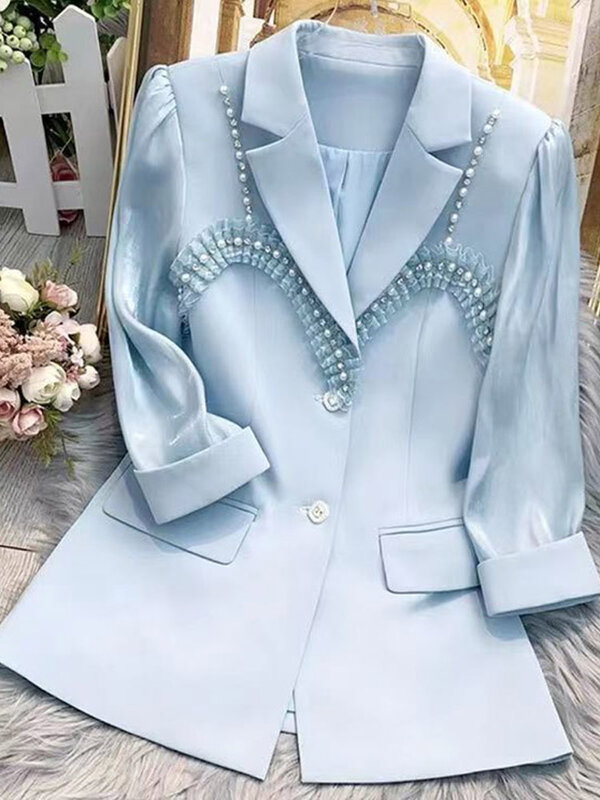 UNXX-Blazer ajustado de manga tres cuartos para mujer, traje blanco con botones y cuentas, chaqueta pequeña para primavera y verano, 2024