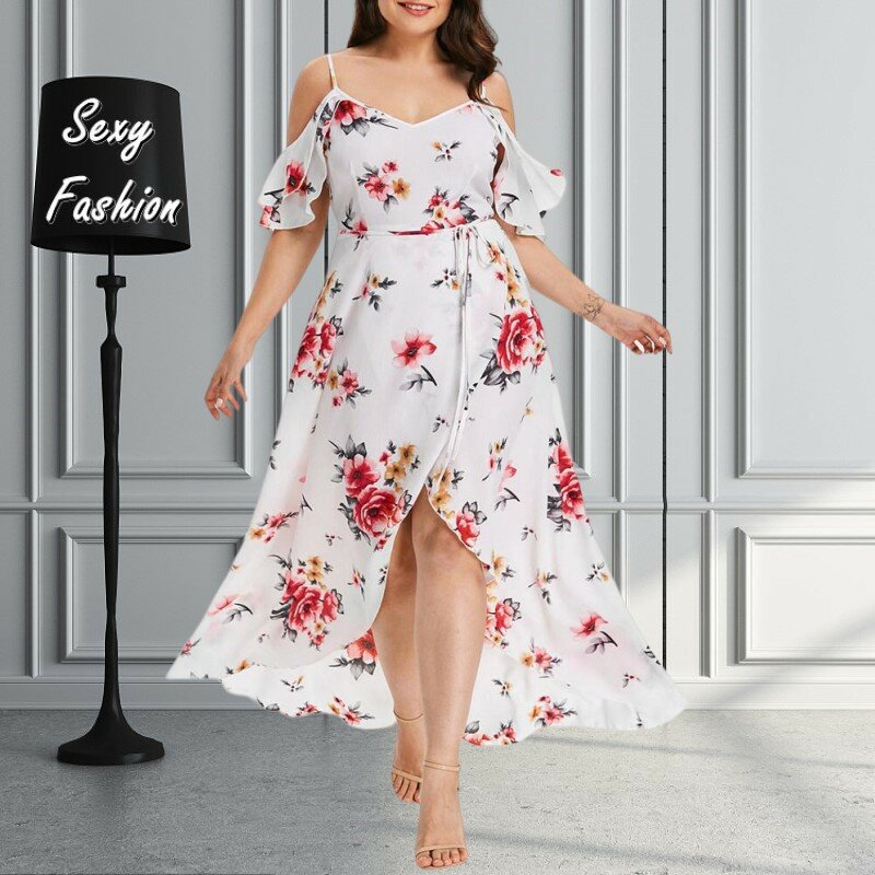 L-5XL 플러스 사이즈 여성 의류, 여름 프릴 반팔 홀터 붕대 스플릿, 패션 인쇄 캐주얼 섹시 롱 드레스