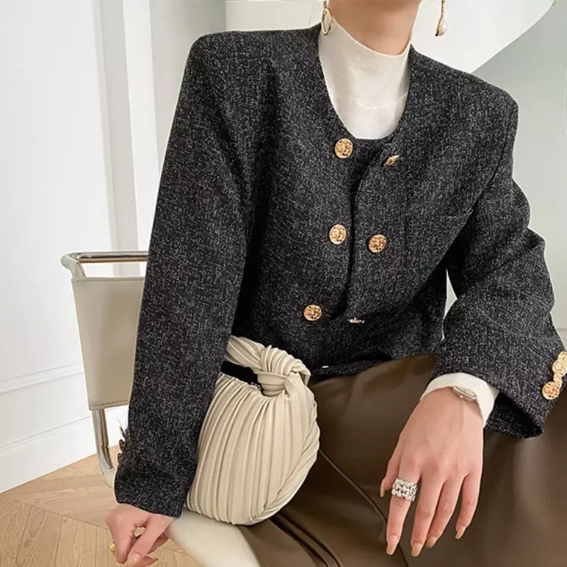Giacca Blazer moda donna autunno e inverno francese elegante di alta qualità pendolare girocollo doppio petto corto Top Coat