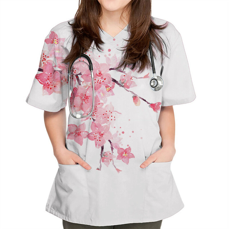 Женская униформа медсестры с цветочным принтом, топ с короткими рукавами и V-образным вырезом, Рабочая форма, карман с принтом, новый стиль