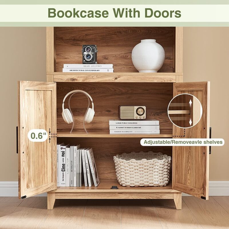 Книжный шкаф 5-уровневый с дверцами из ротанга, 70 дюймов высокий книжный шкаф с шкафом для хранения, деревянные книжные полки в стиле бохо для гостиной