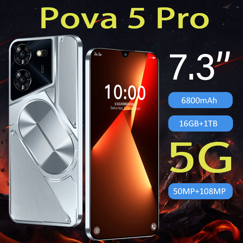 Original Pova 5 Pro Smartphone globale Version 16g 1TB 6800mAh Neigung 108 50 megapixel 4/5g Android-Handy Gesicht entsperrt