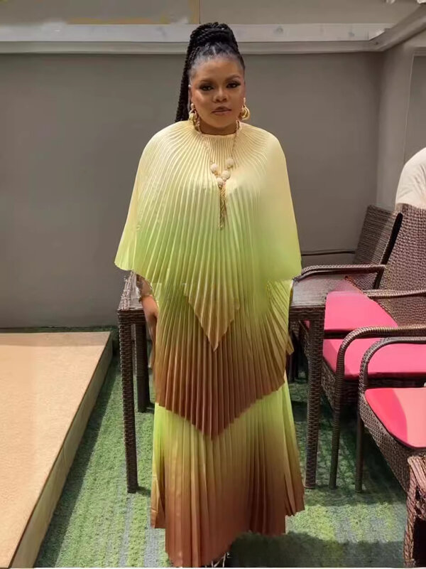 Модная женская одежда Miyake, Новинка лета 2024, комплект из двух предметов, элегантный топ-шаль с градиентным переходом цветов и свободная фотография
