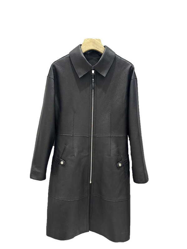 Lambskin long coat jacket fashion senior personality comfortable versatile 2024 fall and winter new 1104