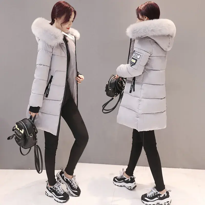 Parka mantel bulu wanita, jaket Parka Musim Dingin 2024, katun panjang kasual berkerudung tebal hangat untuk perempuan