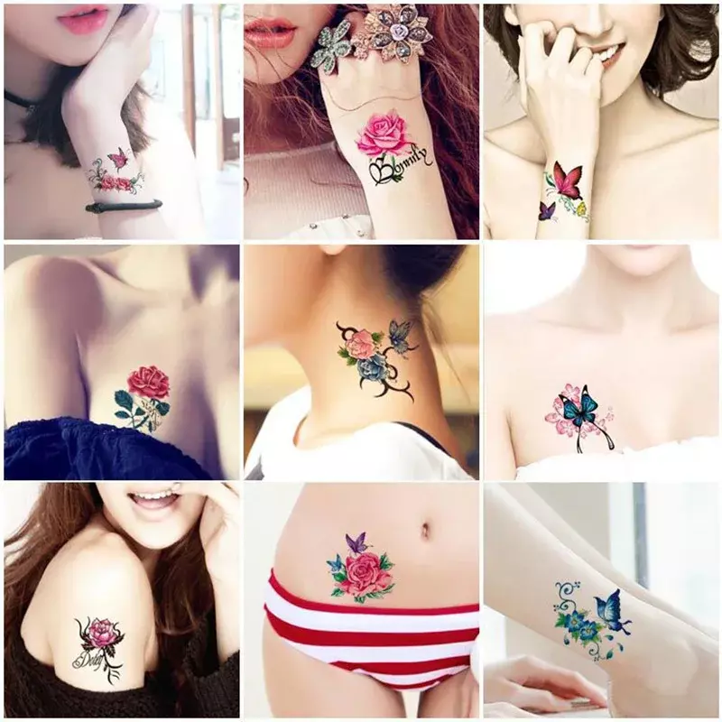 52 pz/set No ripetere fiori farfalla tatuaggi temporanei impermeabile Body Art correttore adesivi monouso tatouage temporaire