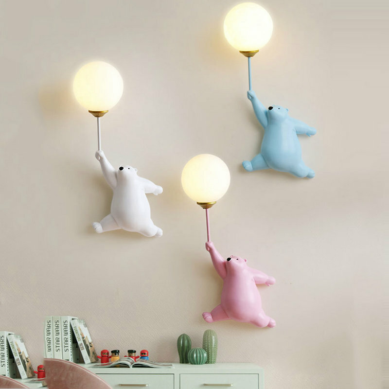 Desenhos animados azul branco rosa urso lâmpada de parede para crianças bebê menina quarto cabeceira luz parede com impressão 3d iluminação lua g9