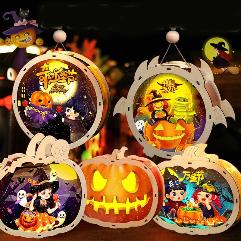 Handheld Halloween Pumpkin Lantern, Handmade Luminous Wooden Lantern, DIY Pumpkin Ghost Lantern