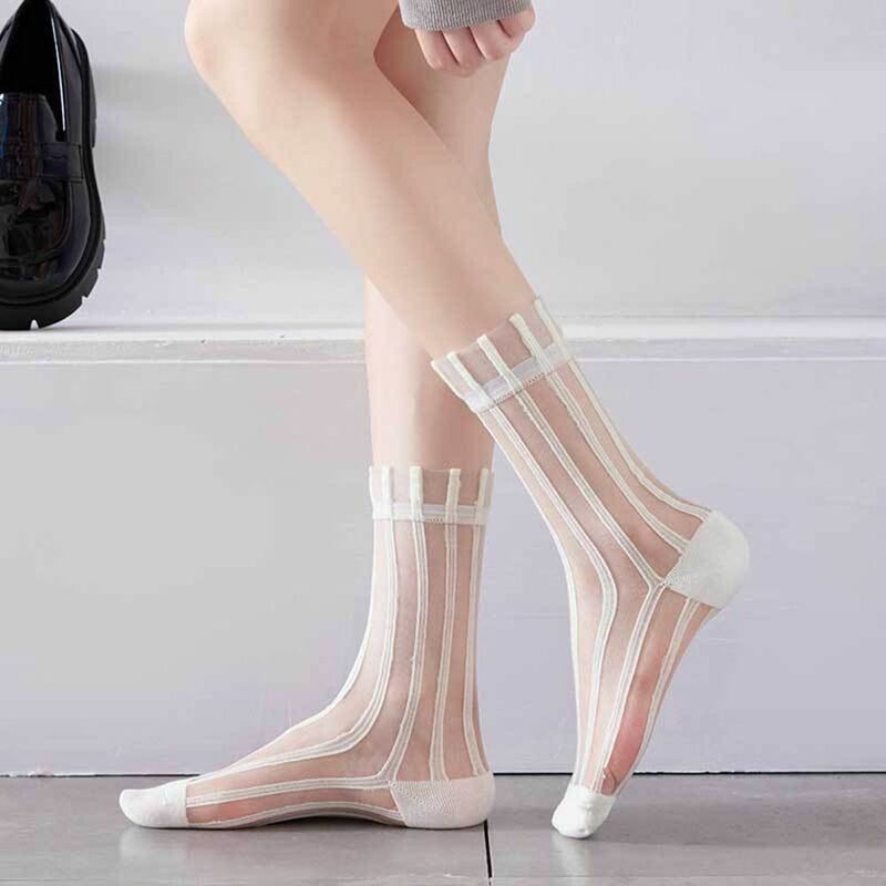 Cute Fashion Japanese style Mesh Summer Transparent Glass Silk Socks Striped Socks Female Hosiery Middle Tube Socks