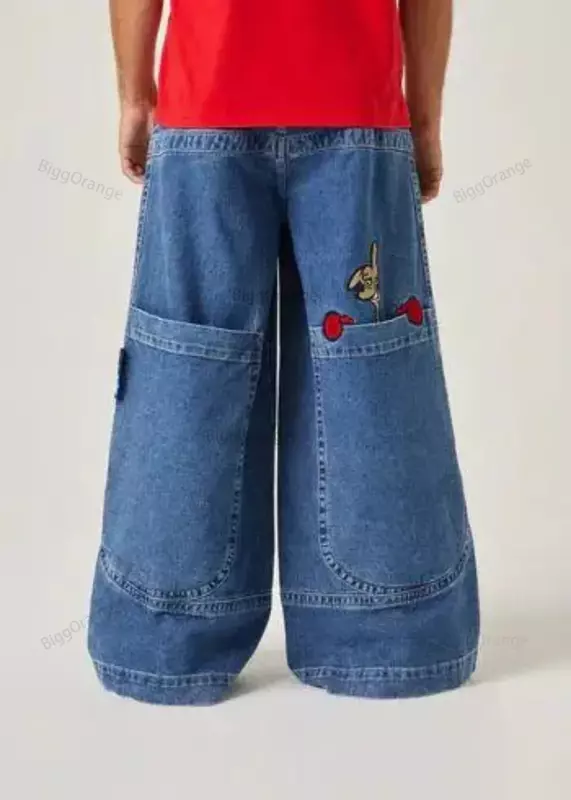 Джинсы в стиле Харадзюку с большими карманами, повседневные свободные брюки из денима с принтом кенгуру в стиле хип-хоп, для мужчин и женщин, Y2K