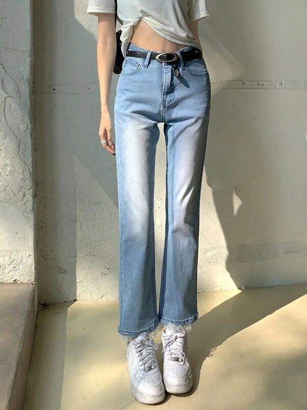 ZHISILAO celana Denim panjang sepergelangan pergelangan kaki katun renda celana Jeans lurus pinggang tinggi biru melar Musim Semi Musim Panas 2024