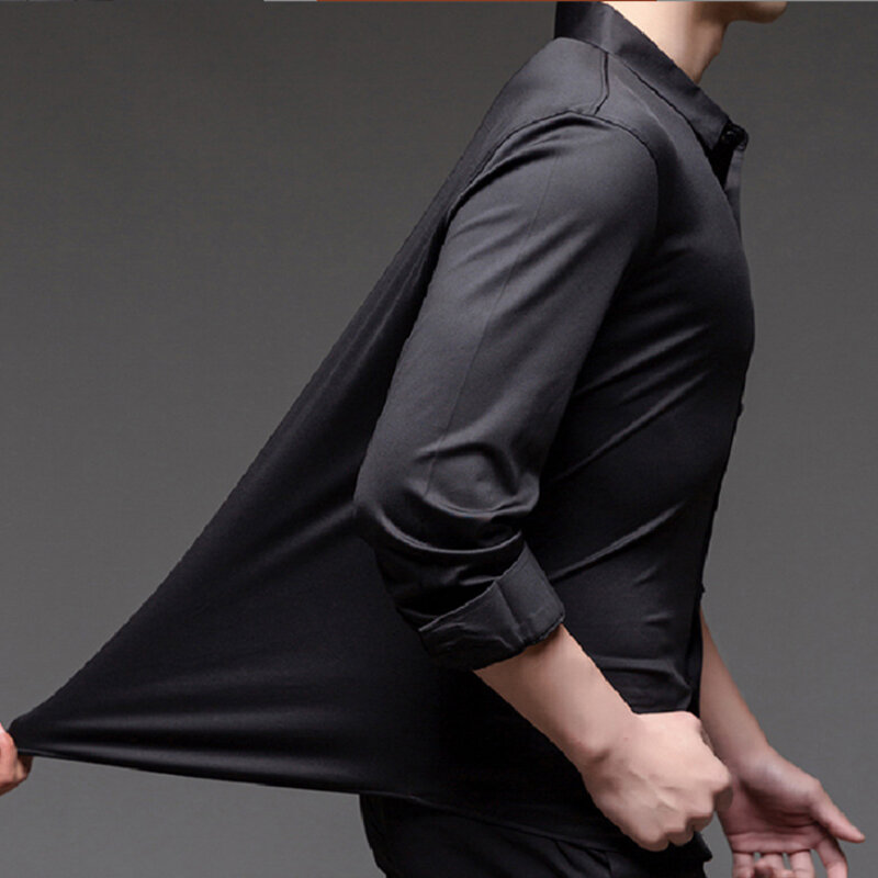 Men's Short sleeve summertime shirt High elastic and traceless cotta new long-sleeved  slim spandex non-ironing business leisure