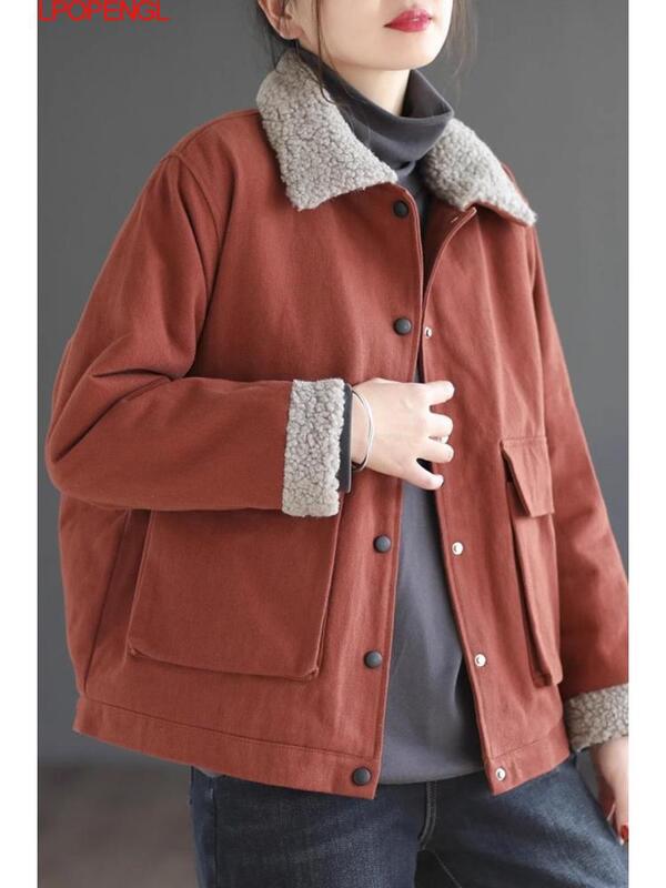 Женская однобортная флисовая куртка, винтажная свободная универсальная уличная куртка из плотного хлопка с лацканами из овечьей шерсти, Осень-зима