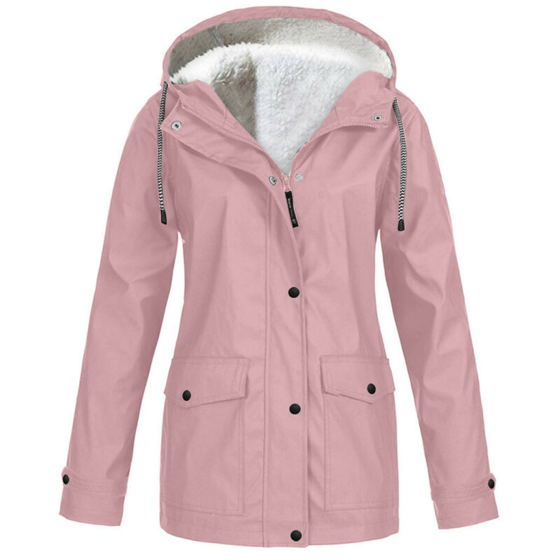 Women's Hooded Jacket With Pockets Buttons And Zipper Front Buttons Waterproof Overcoat For Winter Outdoor
