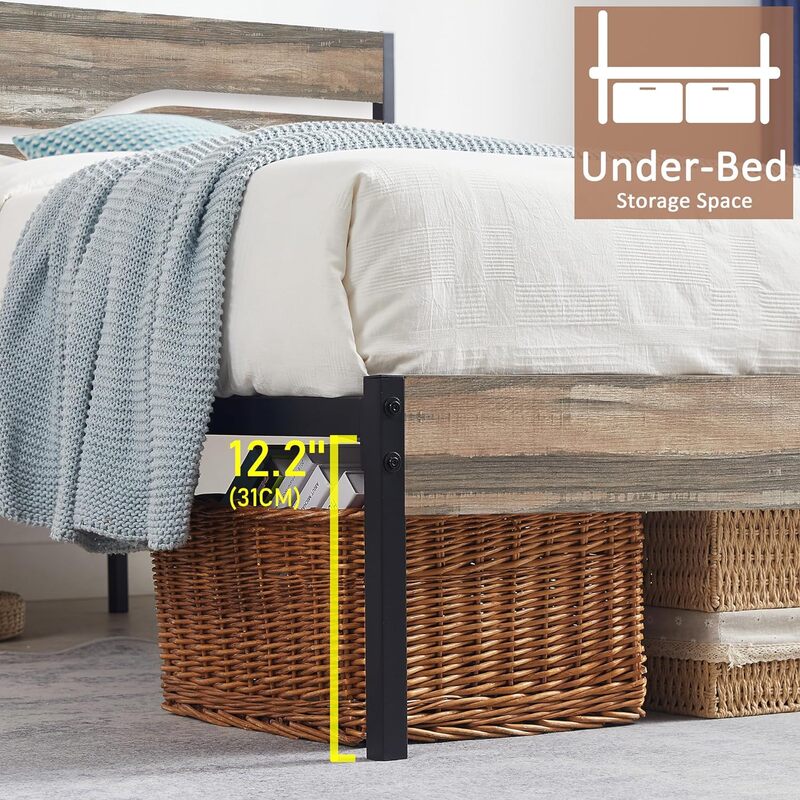 Pełnowymiarowa rama łóżka z platformą z drewnianym zagłówkiem, mocne metalowe listwy podtrzymujące podkład na materac, nie wymaga sprężyny pudełkowej