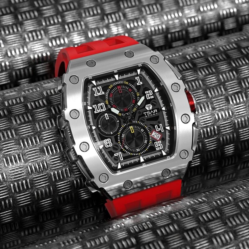 TSAR BOMBA Uhr für Männer Luxus Top Marke Quarz Tonneau Armbanduhr 50M Wasserdicht Saphir Uhr Chronograph Mode Herren Uhr