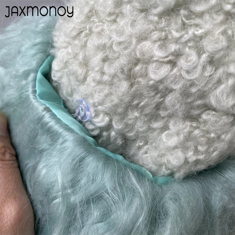 Jaxmonoy mantel wol wanita, dengan bulu Mongolia asli mode panjang pakaian luar elegan hangat musim dingin 2024