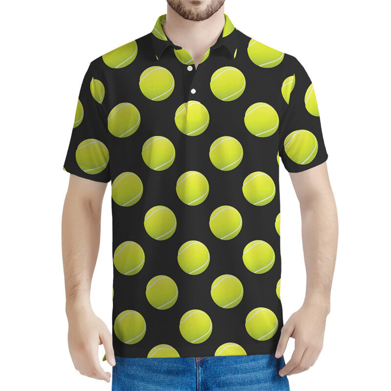 Kaus Polo grafis raket bola tenis pria, atasan kaos berkancing kasual ukuran besar musim panas