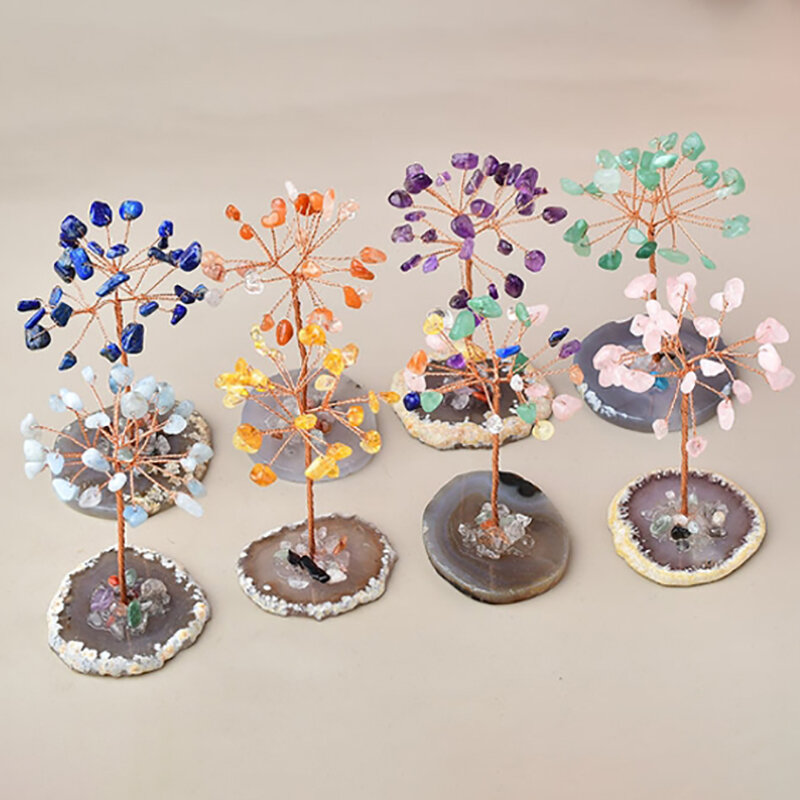Mini Cristal Feng Shui Money Tree, Fio de cobre Envolvido, W Ágata Slice Base, Pedras Preciosas de cura, Ioga Árvores, Decoração