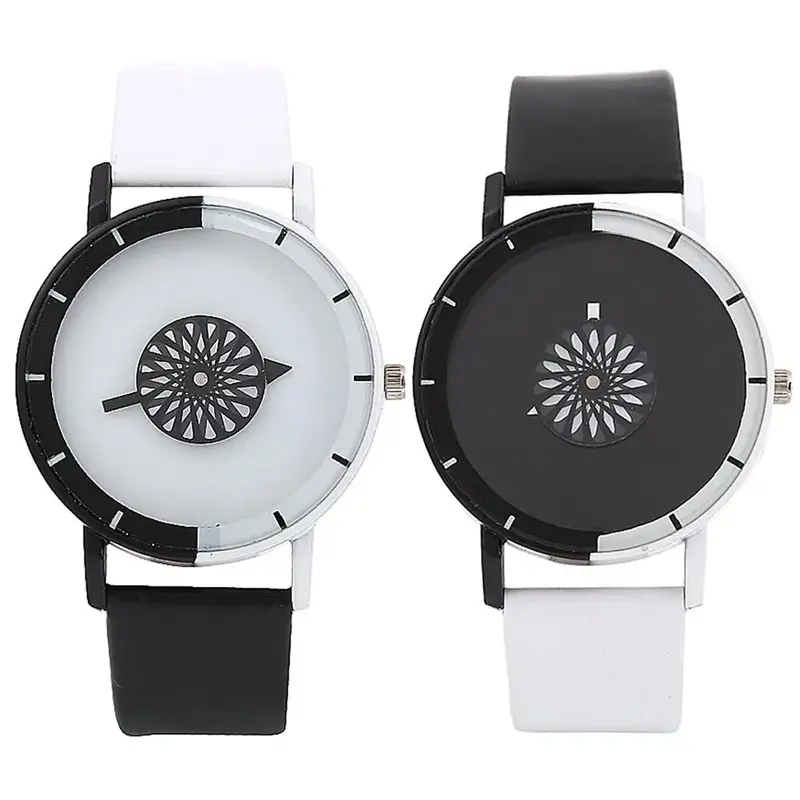 Montre-bracelet à quartz en similicuir pour couple, montres sans numéro, noir et blanc, personnalité minimaliste unique, mode simple