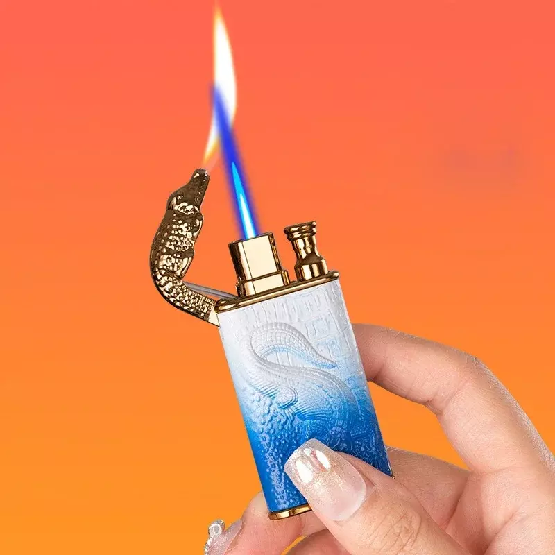 2023 3D Relief naga buaya api Ganda pemantik logam tahan angin api Jet api terbuka konversi Gas pemantik rokok hadiah pria