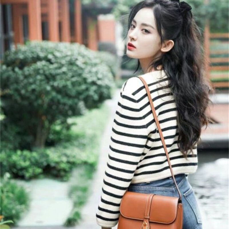 2023 Winter Koreaanse Mode Trui Vest Wit Zwart Gestreepte Gebreide Trui Vrouwen Kort Vest Lange Mouw Vest Dames