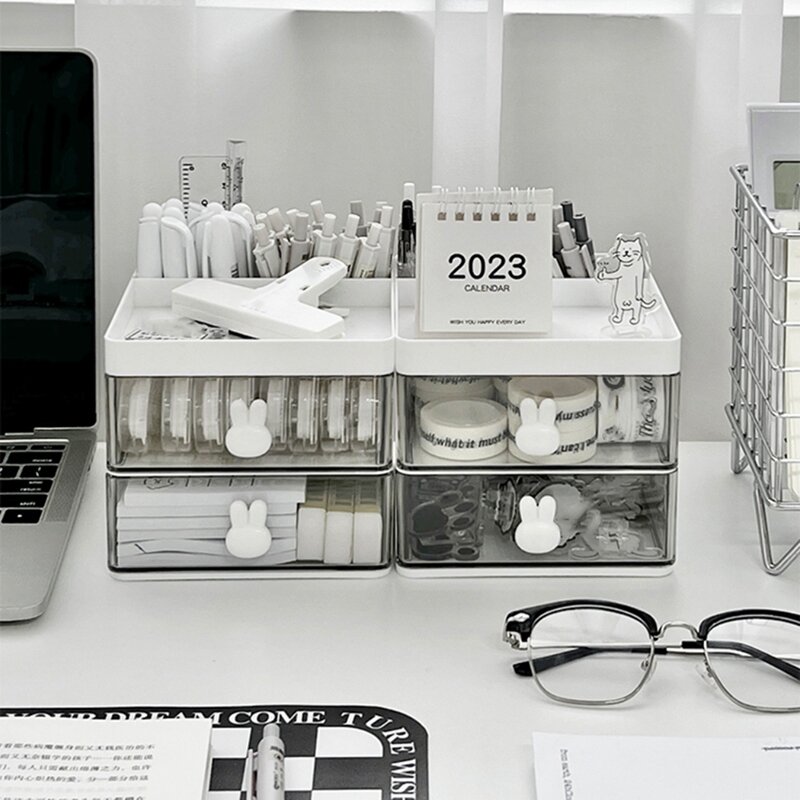 Caixa transparente da gaveta do coelho, ornamentos do Desktop do escritório, estudante infantil