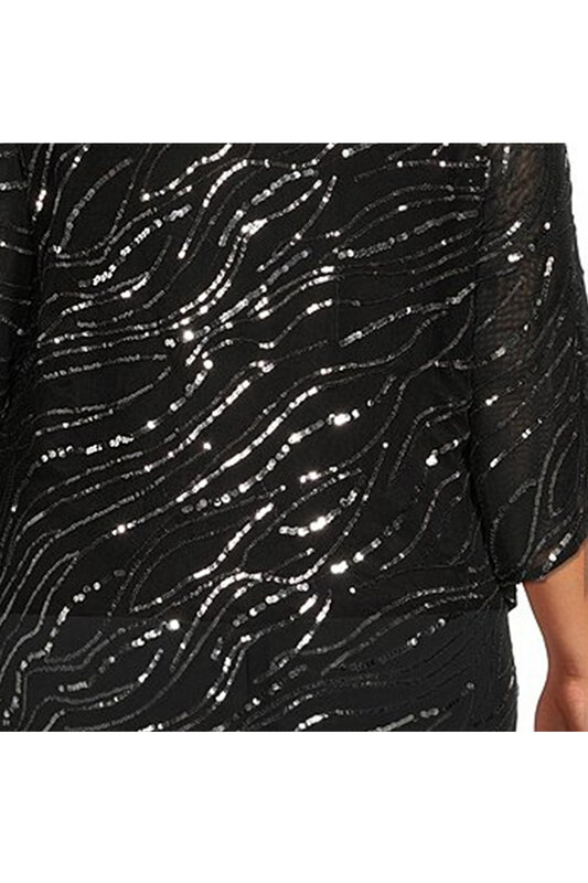 Flycurvy Plus Size Dressy Black Sparkly Sequin 3/4 Sleeve Two Pieces Blouse