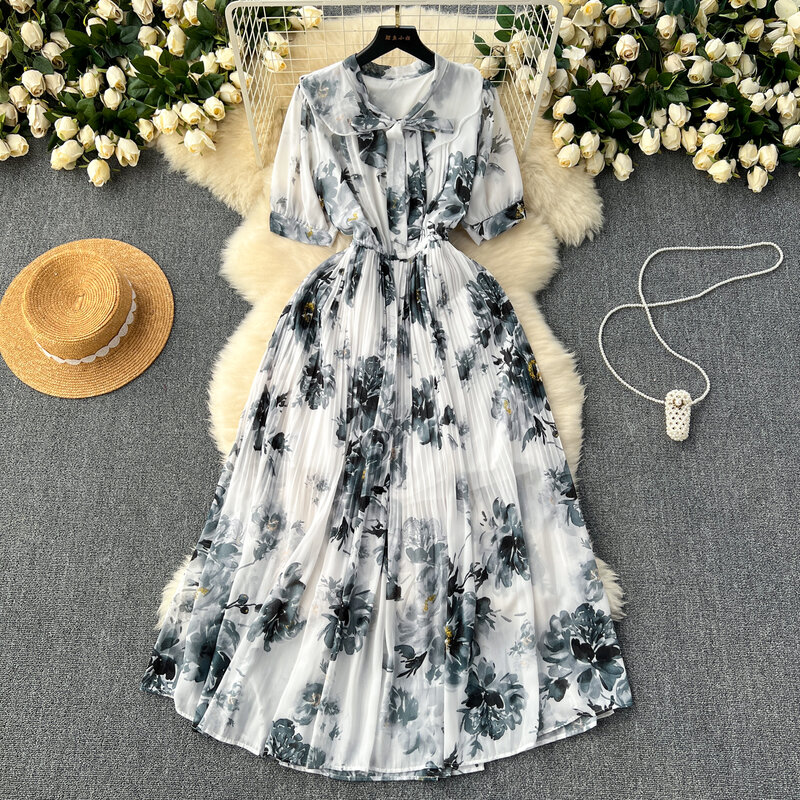 Женское винтажное платье для отпуска, элегантное платье во французском стиле с короткими рукавами-фонариками и отложным воротником, весна-лето