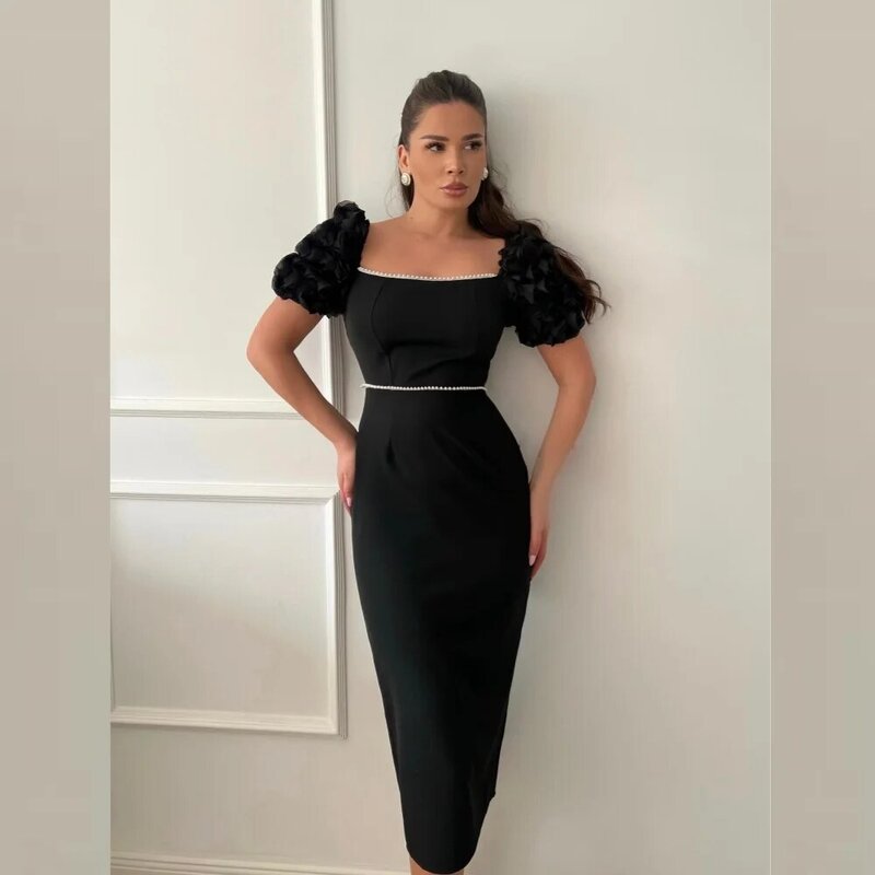 Ball Dress Evening Saudi Arabia Jersey Flower Beading Ruched Homecoming A-line Square Neck Bespoke Occasion Gown Midi Dresses